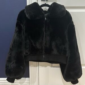 Azalea Wang faux fur black coat